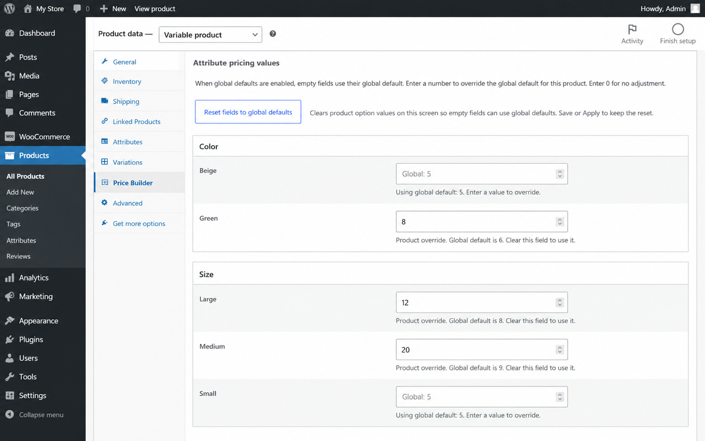 Product fields using global defaults and product-level overrides